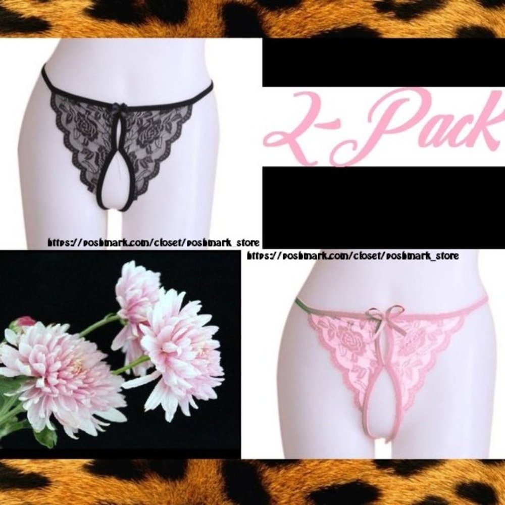 NEW Sexy Crotchless Panties Pink Black Frilly Bow